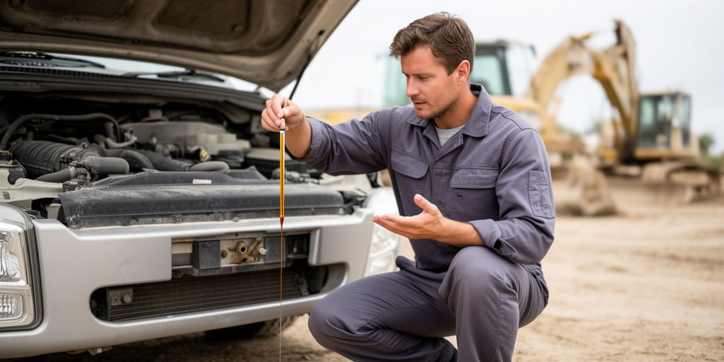 Техник проверяет щуп моторного масла на стройплощадке