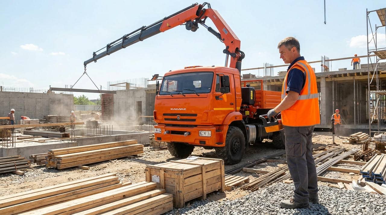 бортовые КАМАЗ 43118 с краноманипуляторной установкой, male professional at work, construction_site